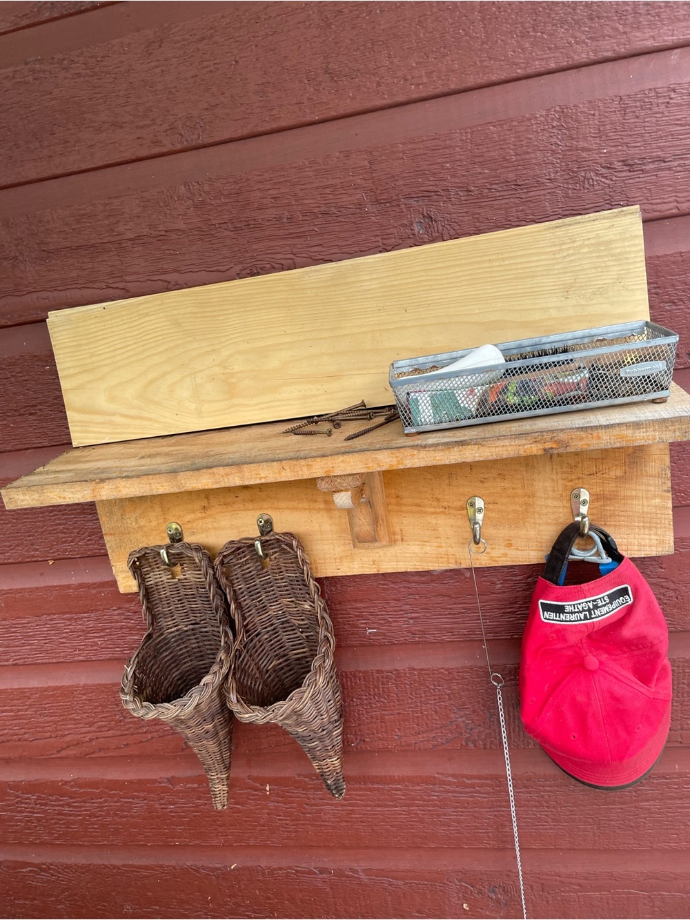 Rustic Wall Shelf with Hooks and Woven Cone Planters - - Picture 1 of 3